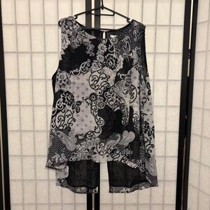 y2k black and white floral paisley tank top with asymmetrical waterfall ruffle